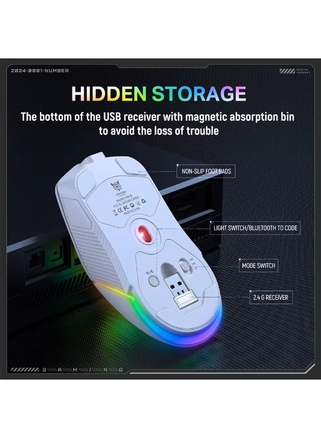 onikuma CW928 RGB Tri-Mode Gaming Mouse with Wired, 2.4GHz Wireless and Bluetooth Connectivity, 7-Level Adjustable DPI, Ergonomic Design and Magnetic USB Receiver Storage for PC and Gaming Devices - Image 4